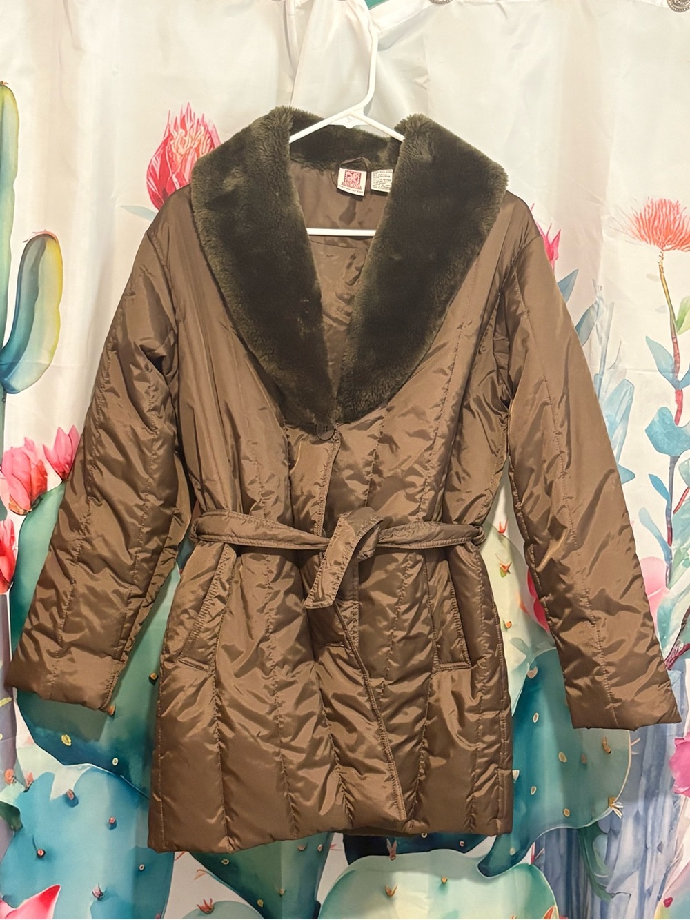Haband Brown Puffer Jacket Faux Fur Collar Belted Lined Nylon Women’s M